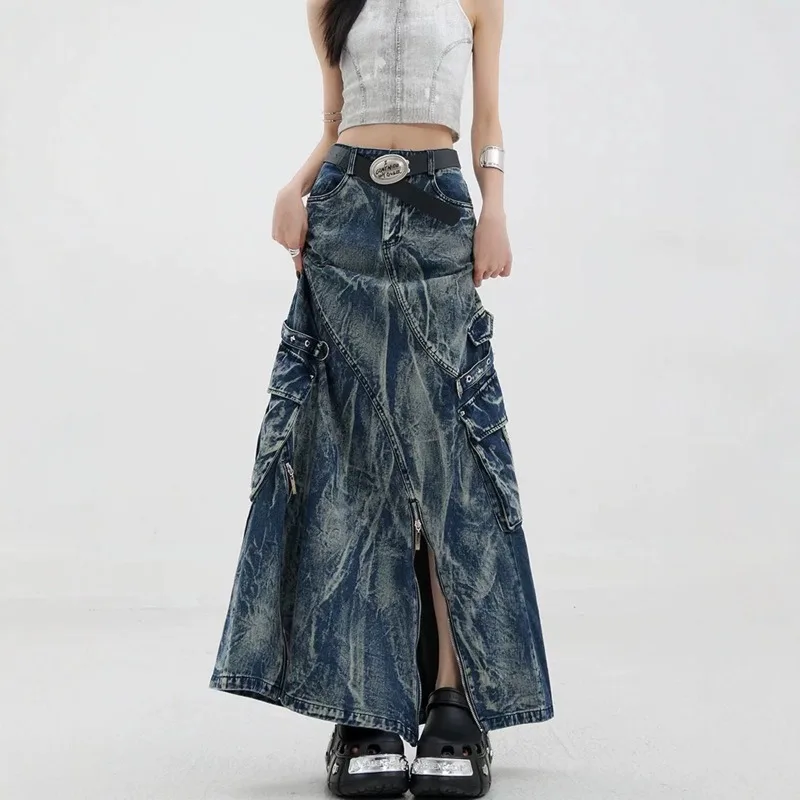American Heavy Industries Washed Tie-Dye Women's Denim Midi Skirt Fashionable Elegant Niche Design Loose Hip-Hugging Long Skirt