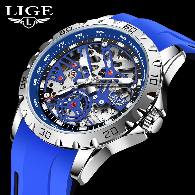 LIGE Mechanical Man Watch Top Brand Luxury Hollow Tourbillon Automatic Movement Fashion Silicone Strap Luminous Waterproof Clock