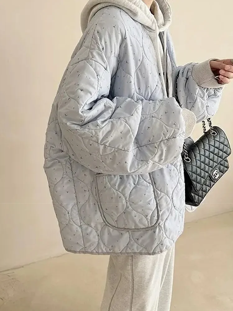 QWEEK Korean Fashion Padded Jacket Women Y2K Fairycore Winter Blue Parkas Oversize Floral Print Sweet Gentle Button Up Outerwear