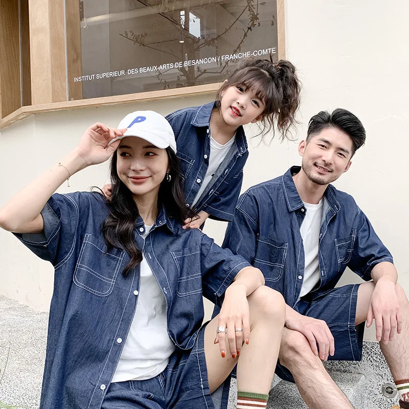 Family Matching Outfits Mom and Son Set Dad Daughter Equal Clothes Fashion Summer Children's Denim Shirts Top+shorts Jeans Suit