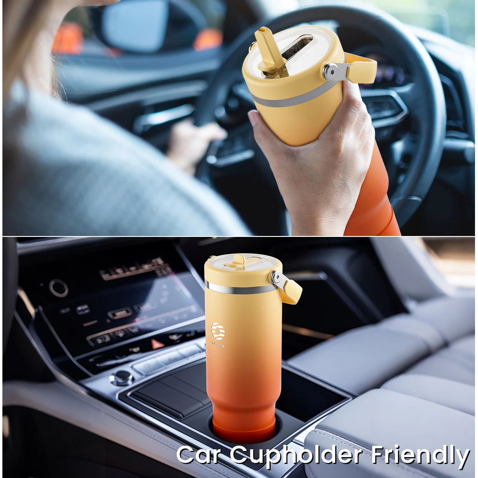 Fjbottle Vacuum Tumbler with Straw Lid，1200ml Stainless Steel Coffee Cup with Handle，Travel Mug Vacuum Flask Car Water Bottle