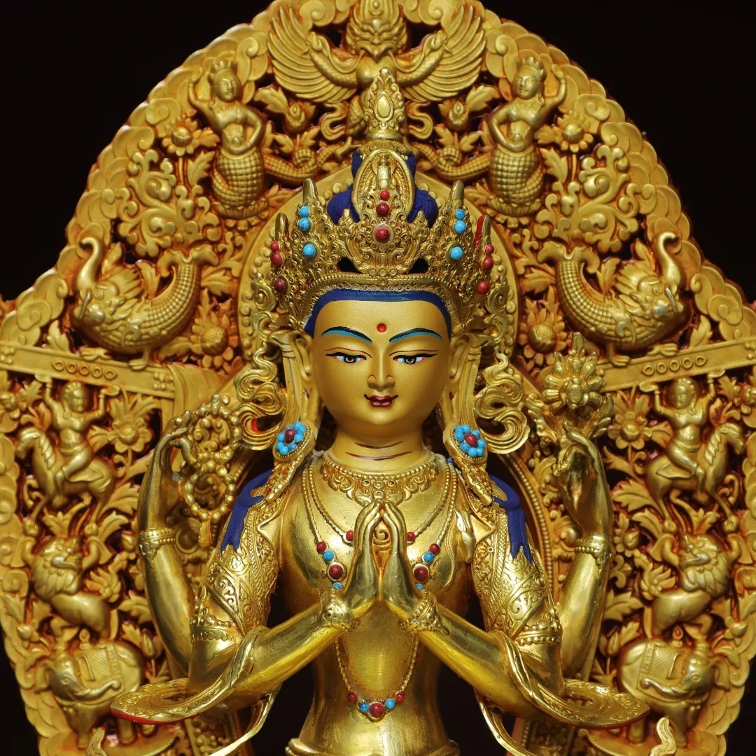 Exquisite Four-Armed Avalokitesvara Statue, Tibetan Buddhism Guanyin Buddha Sculpture Home Altar Decorative Ornament