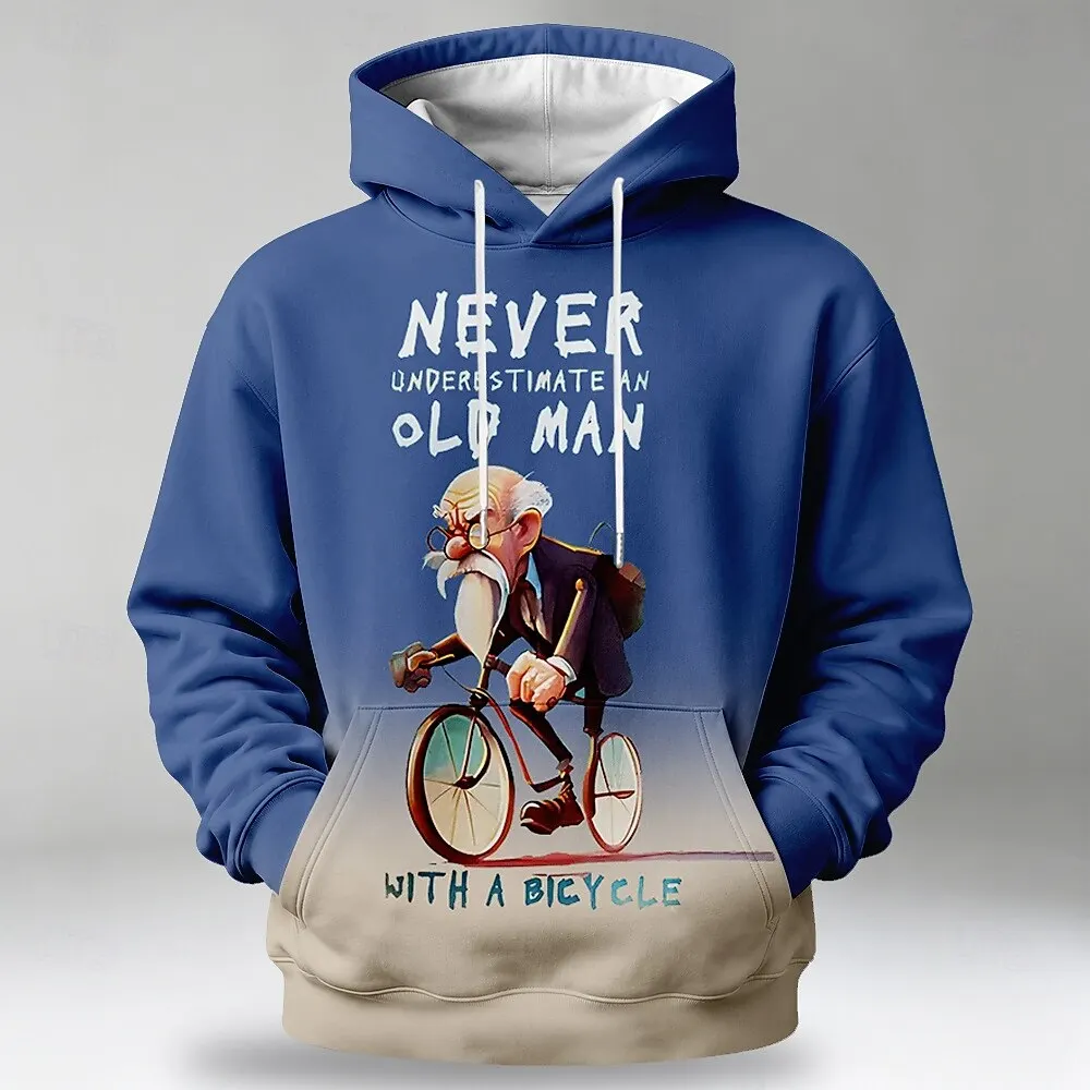 Men's Hoodie Black Slogan Bicycle Old Man Print Comfortable Pullover Sweatshirt for Humor Graphic Theme Daily Wear