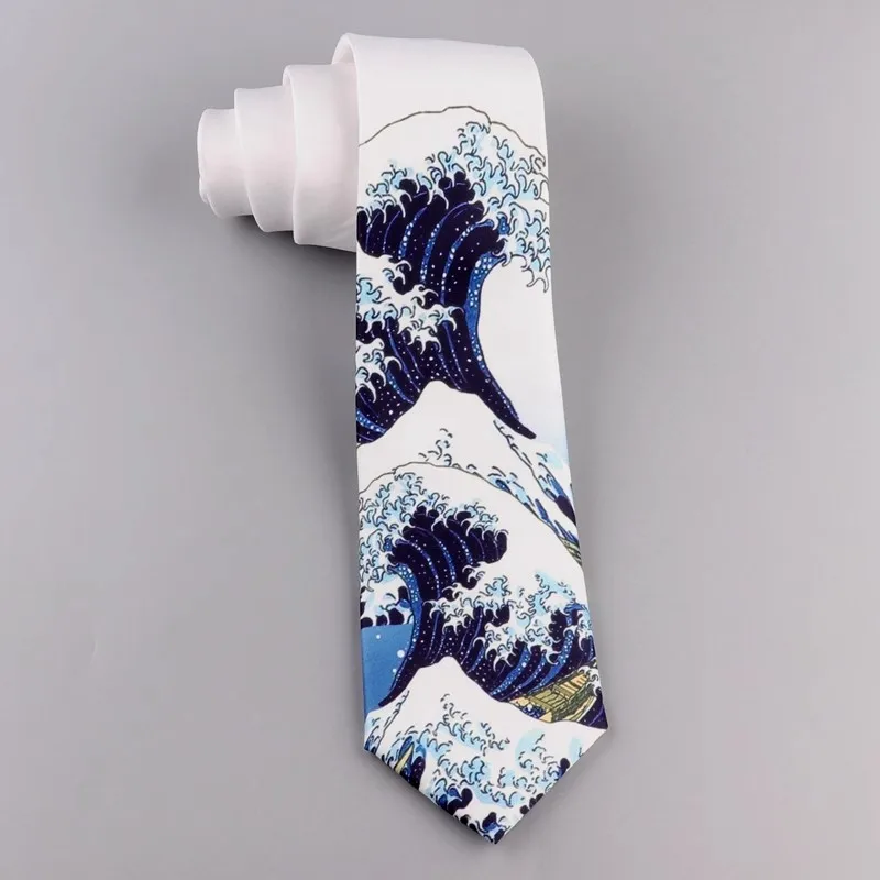 New male Original design necktie neckwear for male and female student white 7cm Kanagawa wave printed tie tendy Japanese necktie