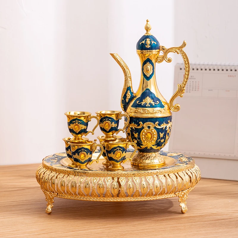 Metal Turkish Coffee Pot Set, European Style Tea Set, 6 Luxury Cups, Tea Tray And Teapot, For Serving Tea, , Coffee