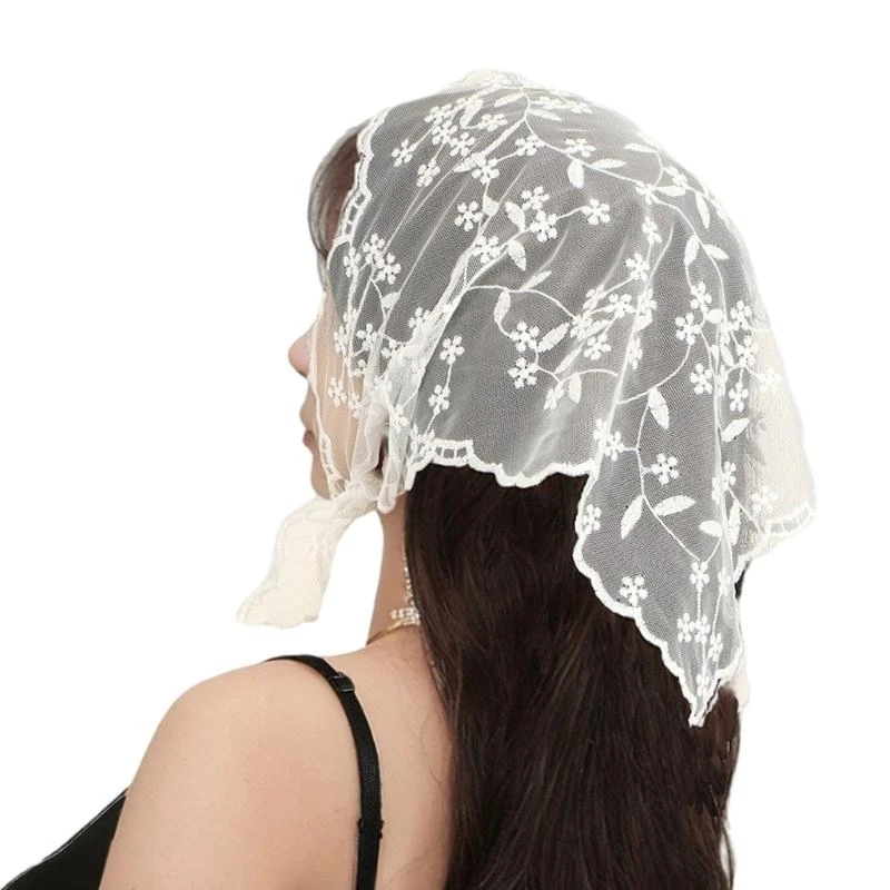 

652F Floral Pattern Lace Bandana Breathable Fabric Multiuse Headscarf Fashion Accessory Vacation Headcover for Spring Summer