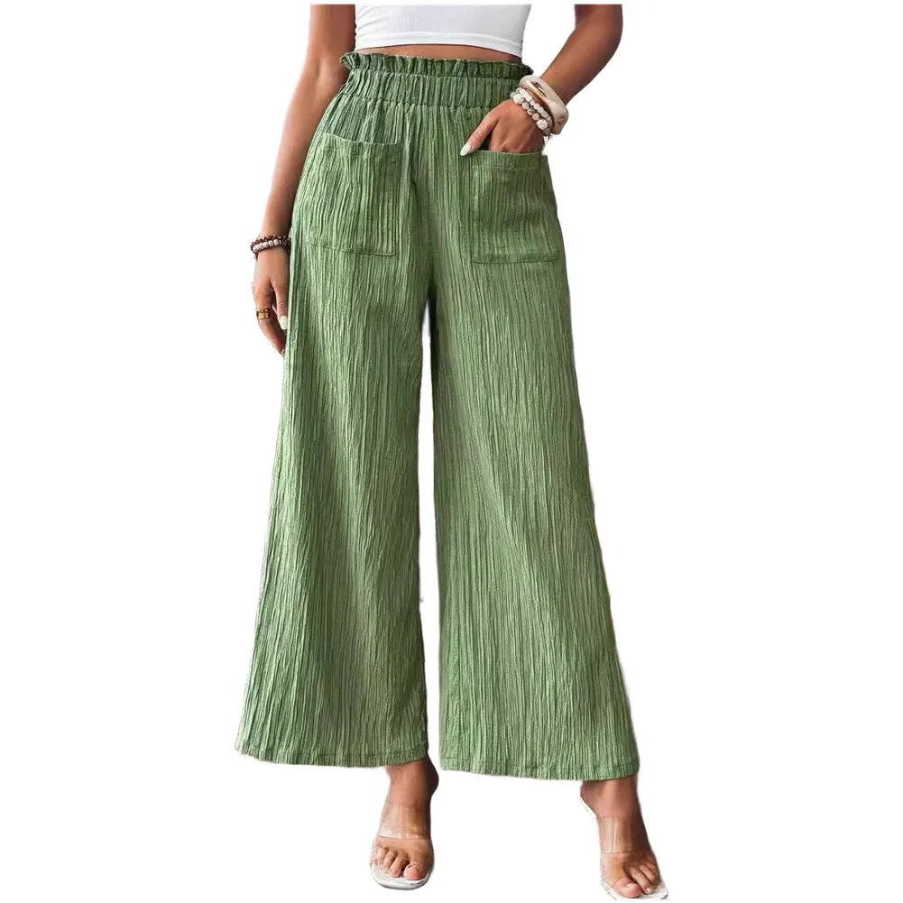 Womens Casual Straight Leg Pants Polyester Spandex Elastic Waist Pleats