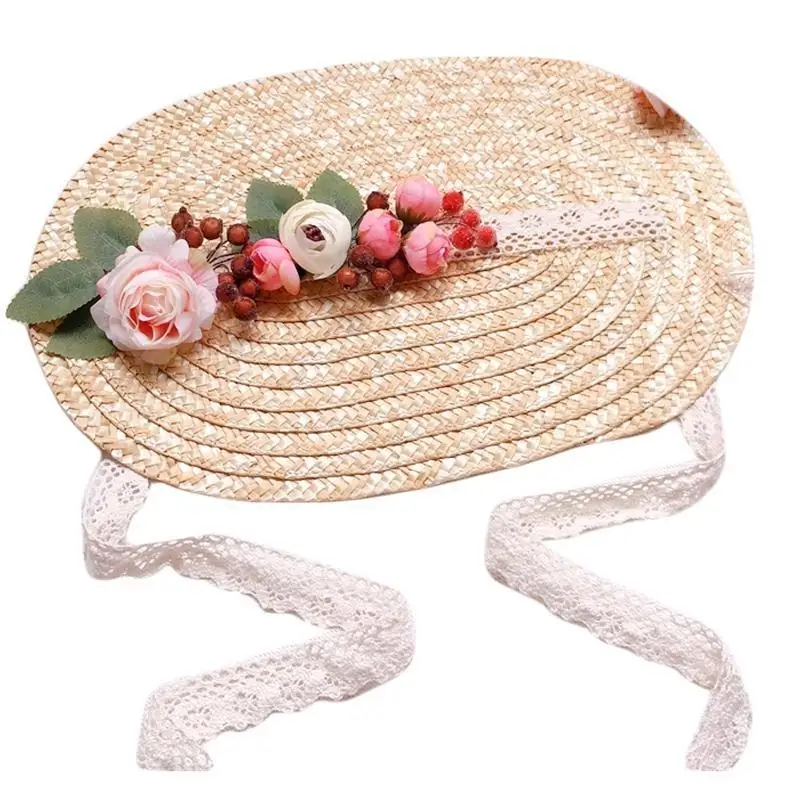 39BD Women Flower Decor Sunshade Flat Hat Anti-UV Tea Party Sandy Beach Hat