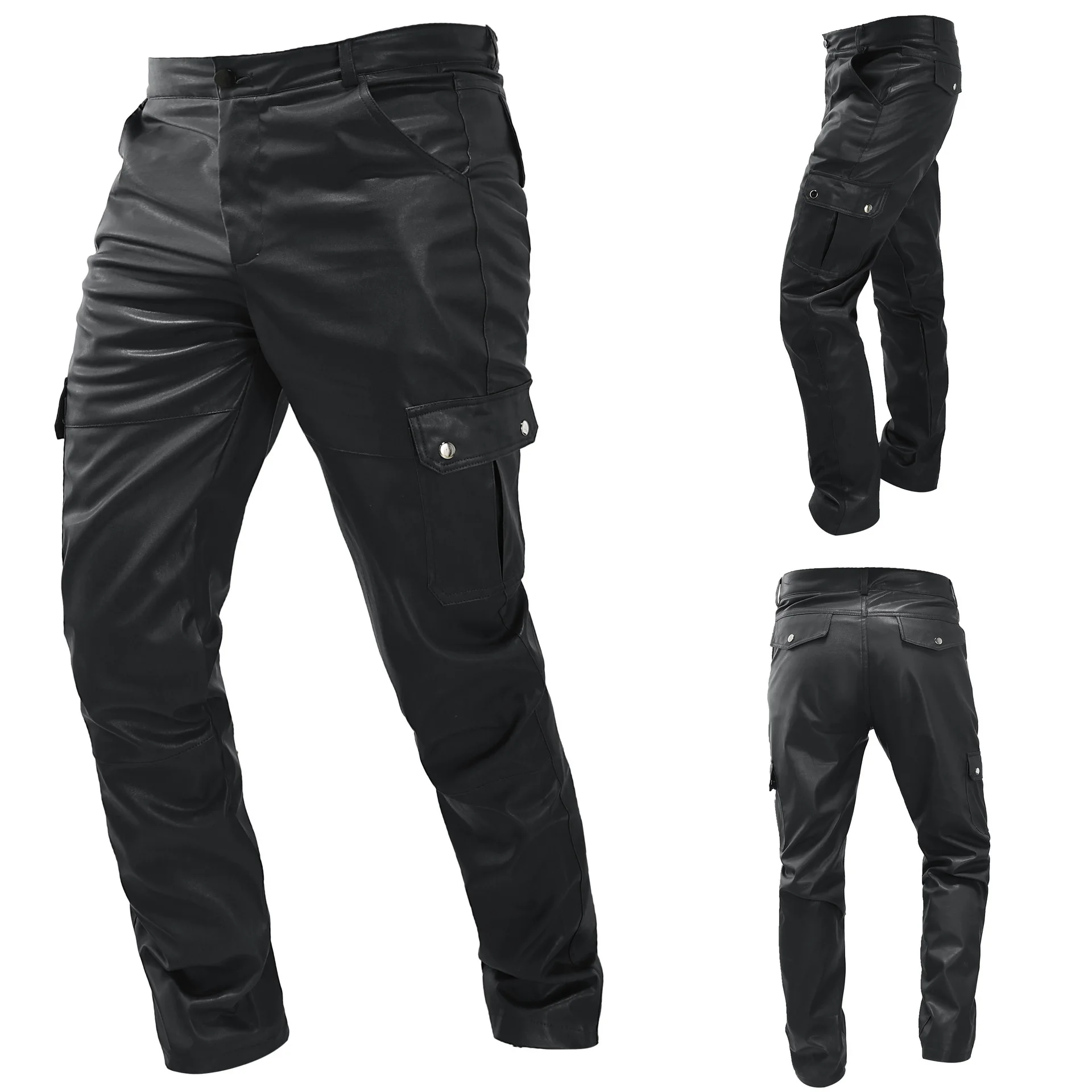 

New 2024 Men's Casual Leather Pants Belted PU Color Wish Long Trousers Comfortable Fashionable Men's Biker Trousers