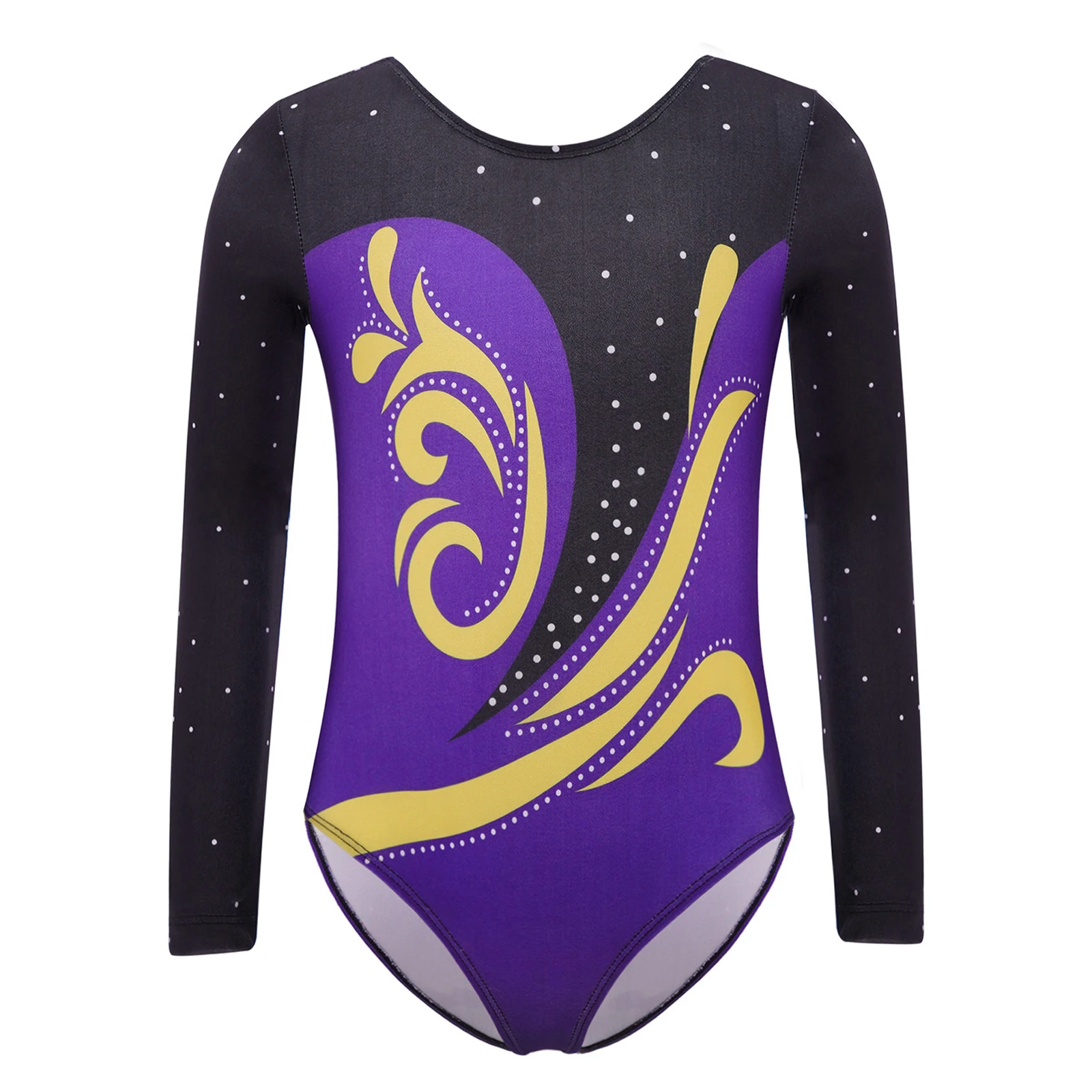 

Kids Girls Rhythmic Gymnastics Leotard Figure Skating Dance Bodysuit Round Neck Long Sleeve U Back Color Block Printed Bodysuit