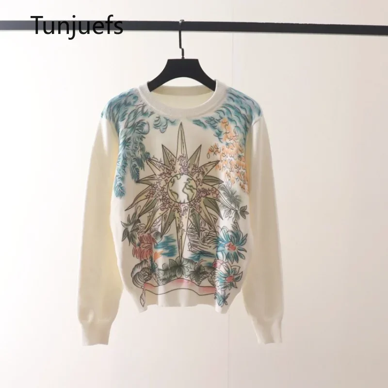 Creative Flowers Print Sweater Pullovers Women's Sweaters Luxury long sleeve Knit Tops Aesthetic Jumper Knitwear Women Clothing