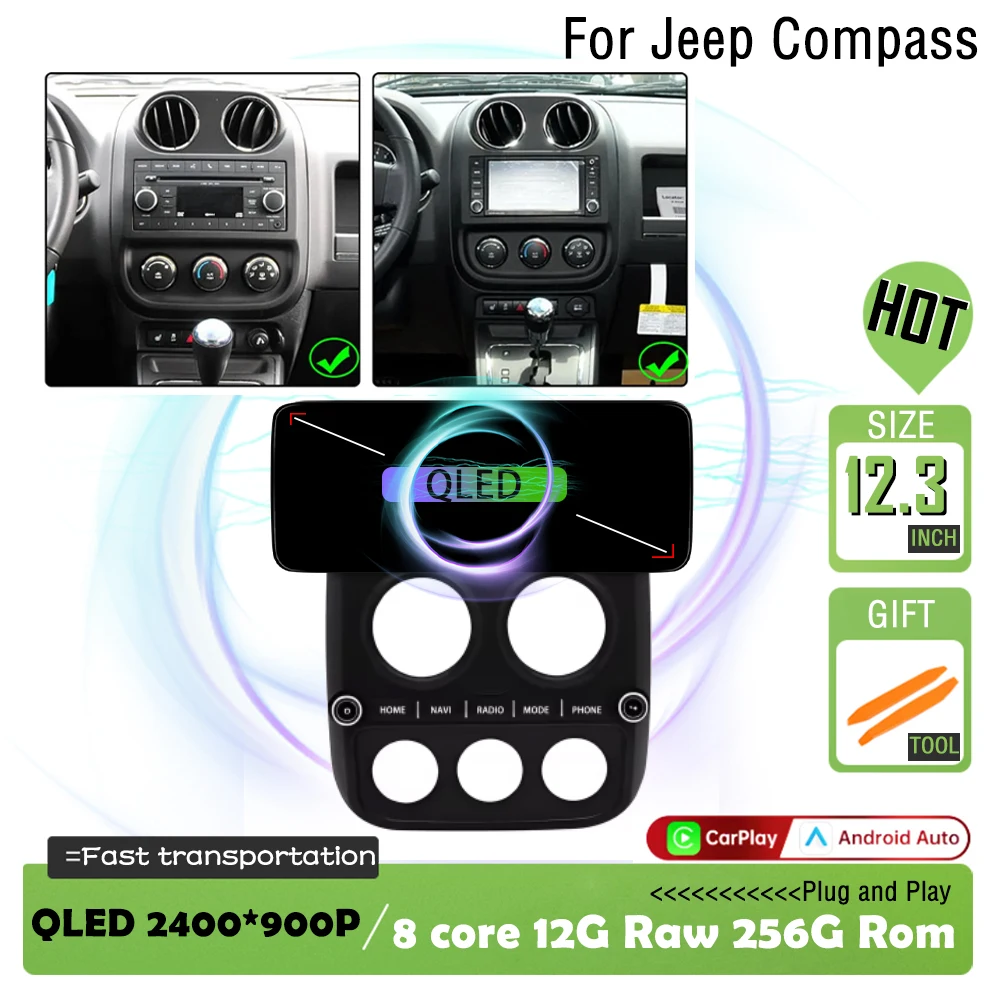 

Автомобильное радио Android 15 для Jeep Compass 2010-2016 Мультимедийный видео-аудиоплеер Беспроводной CarPlay GPS-навигатор Bluetooth WiFi