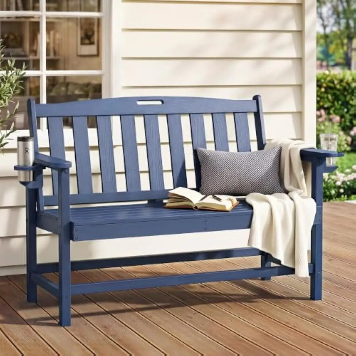 HDPE Two-Person Outdoor Bench Navy Modern Design Weatherproof Reinforced Frame 49.5 Inch Wide Durable All-Season Seating with Fo