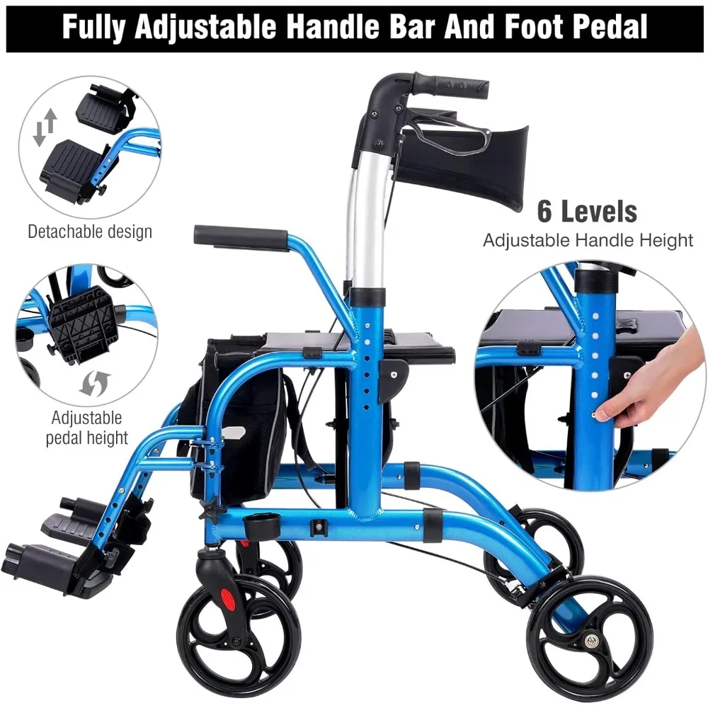 2 in 1 Rollator Walkers for Seniors with Padded Seat- Medical Transport Chair Walker with Adjustable Handle