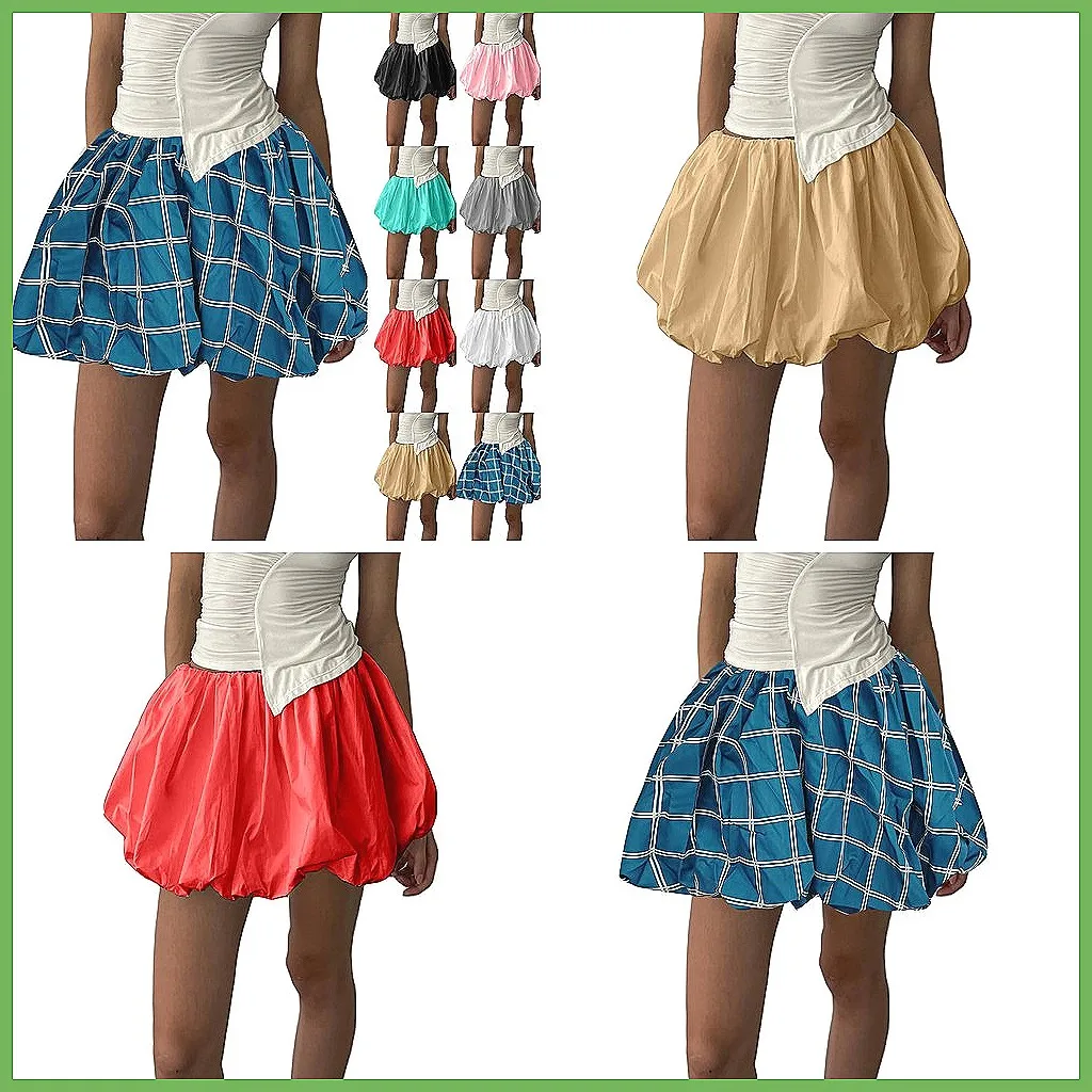 Women's Chiffon Bubble Skirt High Elastic Waist Flared Mini Balloon Skirt Ruffle Trim