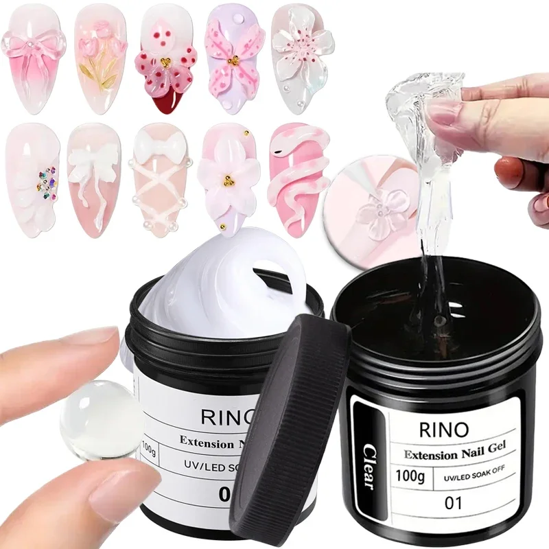 100g Non-Stick Hand Solid Nail Extension Gel -Clear Pink White Prolong Hard Gel 3D Carving Flower Nail Art Shaping Gel