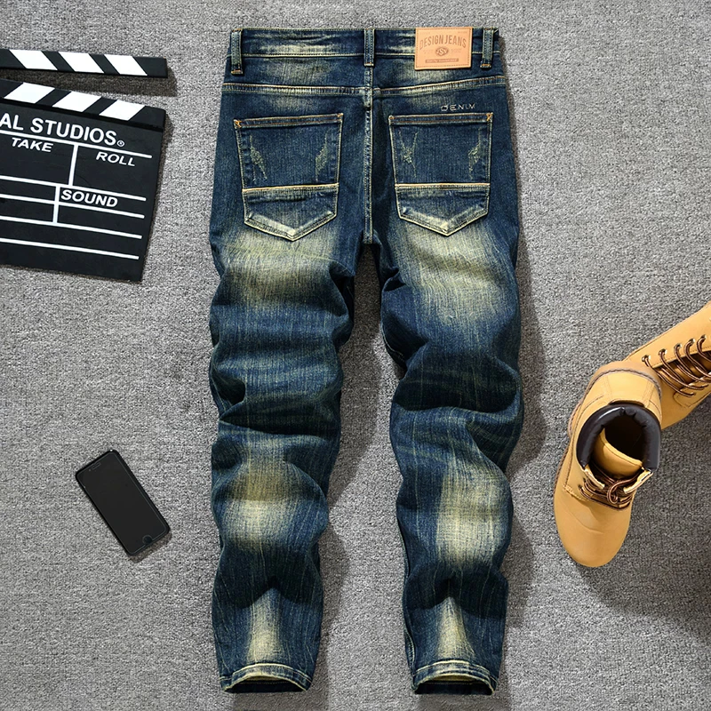 Fashionable new men's elastic slim fit retro blue jeans, scratch washed retro designer denim lead embroidery pen pants, hombre