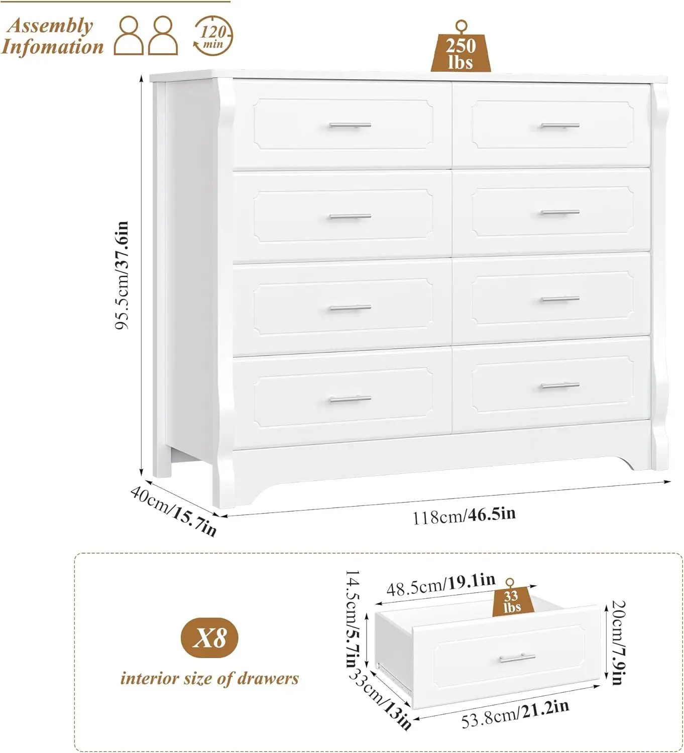 HITHOS 8 Drawer Dresser for Bedroom, White Dresser, 47