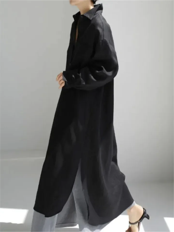 여성용 캐주얼 솔리드 셔츠 드레스, 패션 오피스룩, 긴팔 턴다운 칼라 버튼 루즈핏 드레스, 여성용 휴가복