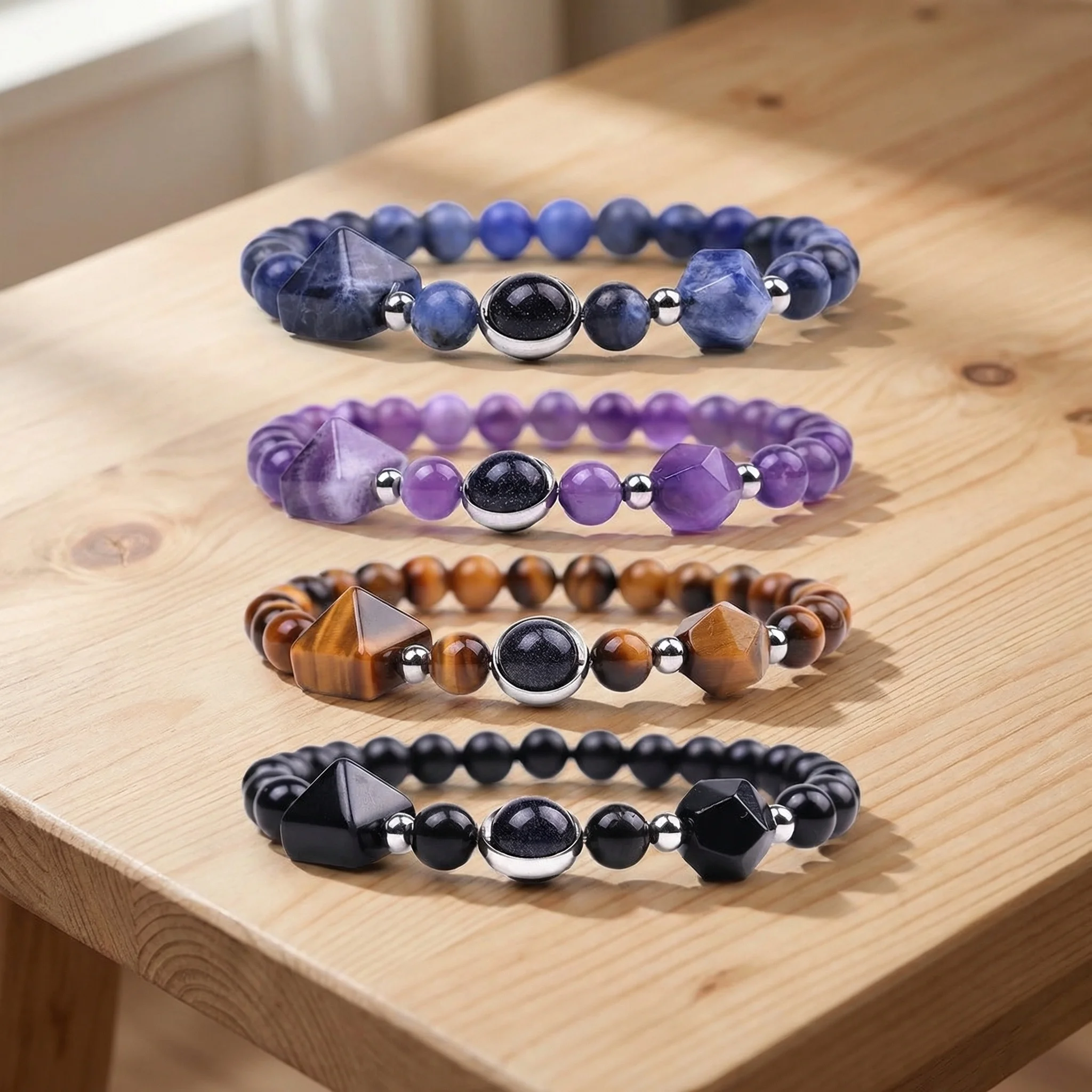 Faceted Natural Stone Pyramid Beaded Bracelet Handmade, Healing Crystal Jewelry with Amethyst Rose Quartz Obsidian Tiger Eye