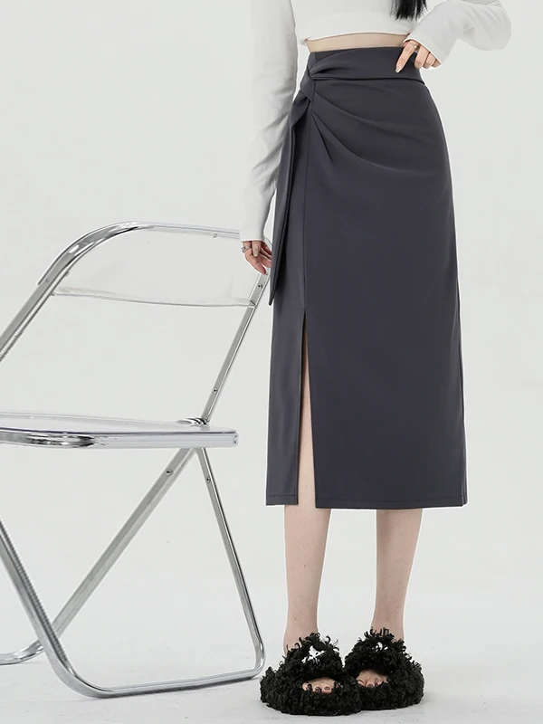 Business Lady High Waist A-Line Midi Skirt Slit Design Summer New Style Slimming Effect Half-length Skirt for Women