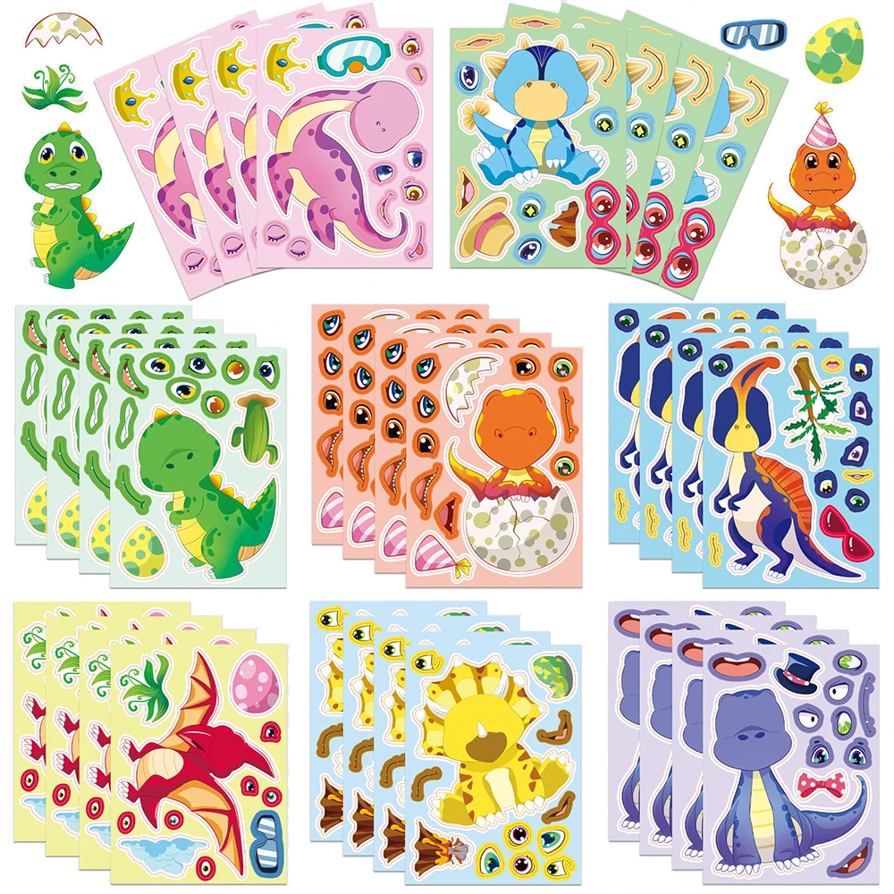 

8/16sheets Cute Cartoon Dinosaur Animals Puzzle Stickers Creative Assemble Jigsaw DIY Decals Birthday Party Decoration Supplies