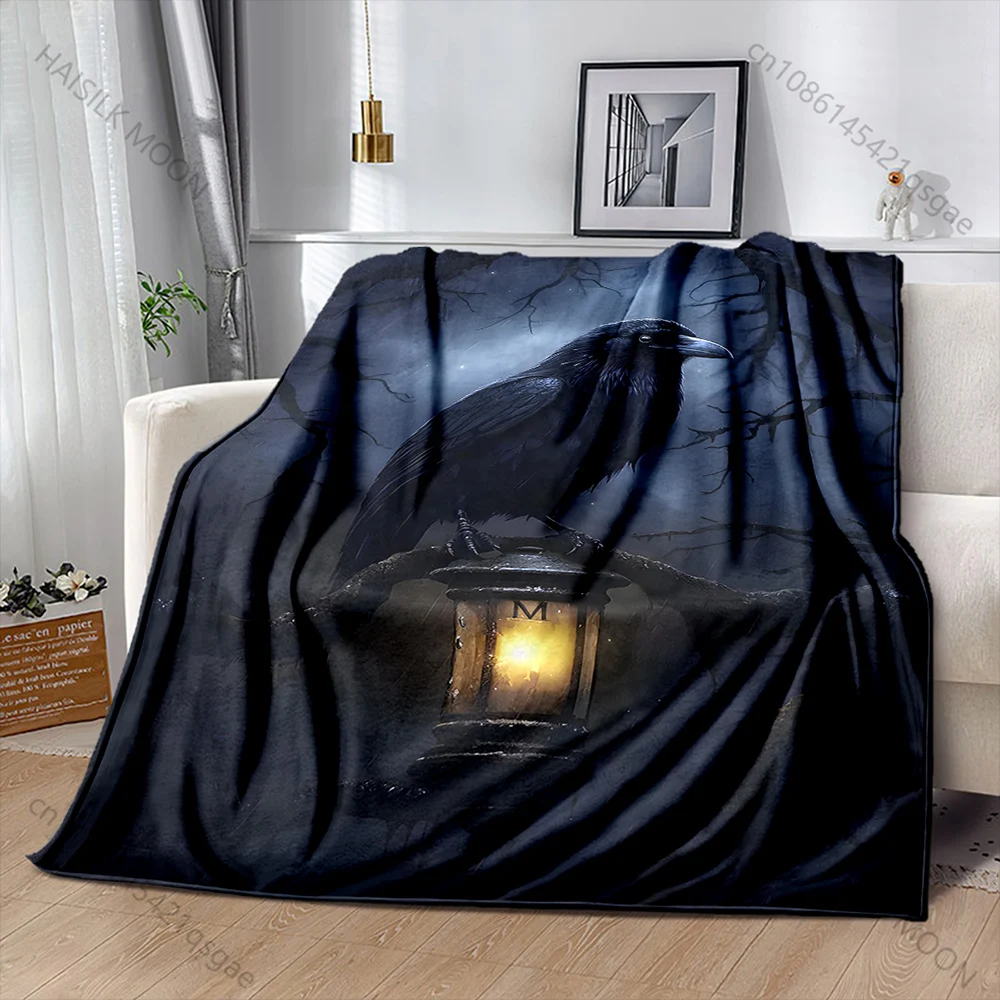 1PC Raven on branch with lantern Print Adult Children Warm Blankets Home Travel Car Soft Comfortable Suitable for all seasons