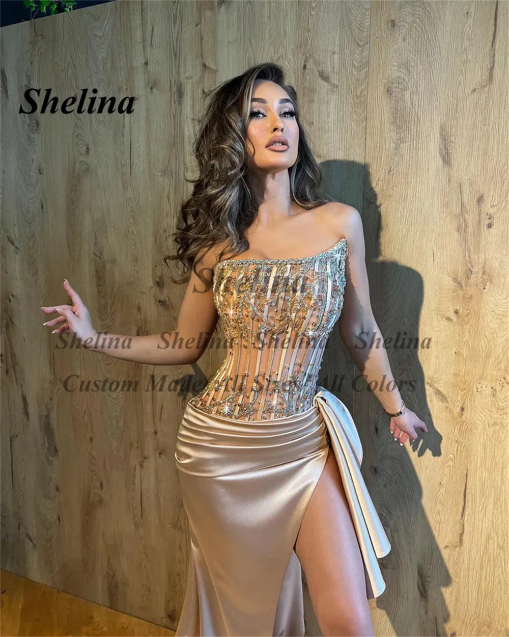 Shelina Charming Strapless Evening Dresses Appliques Rhinestones Side Slit Pleat Vestidos Elegantes Para Mujeres Personalized