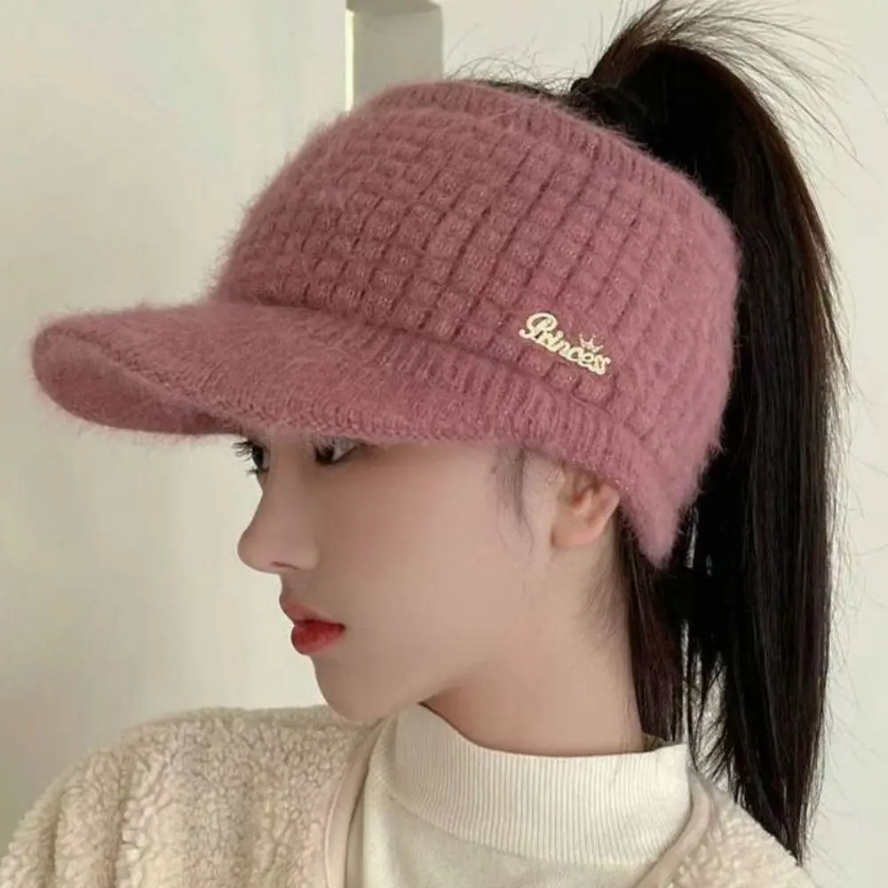Practical Faux Rabbit Fur Knitted Hat Windproof Warm Fleece Baseball Cap Visor Brim Earflaps Design Empty Top Cap Outdoor Sport