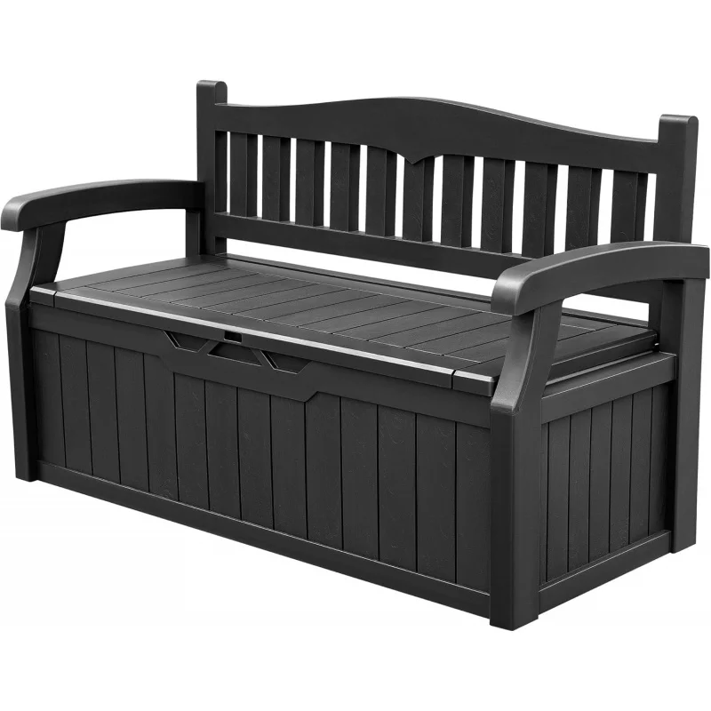 80 Gallon Storage Bench Deck Box Lockable Patio Furniture,  and Seating Cushions, Garden Pool Supplies. (Black