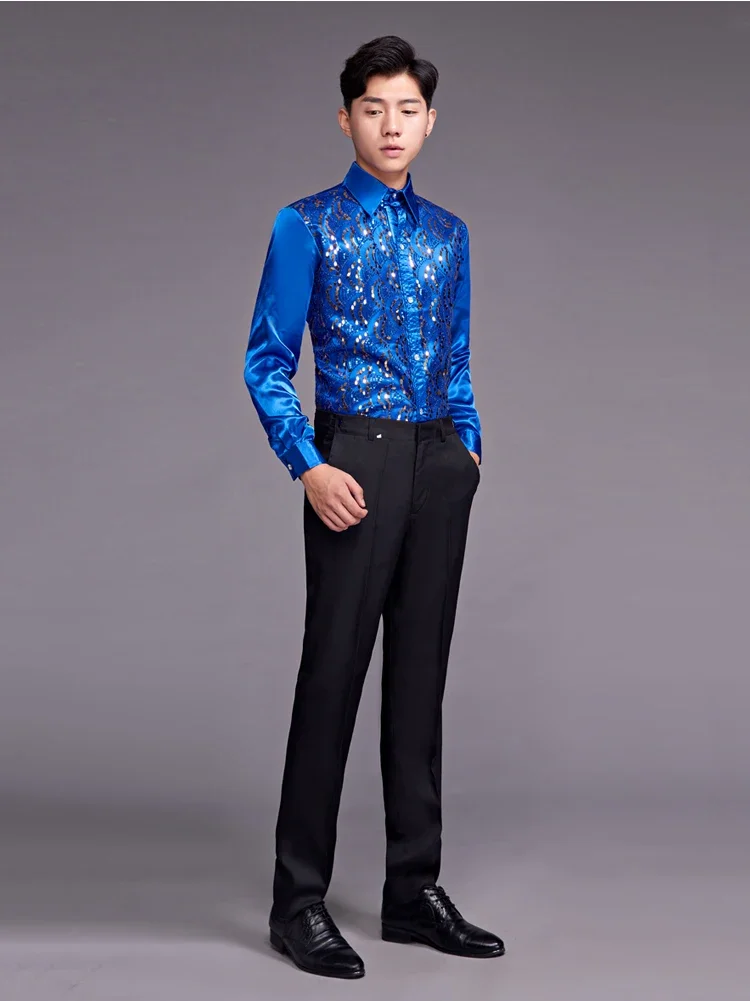 Shiny Royal Blue Sequin Satin Mens Dress Shirts Long Sleeve Slim Fit Glitter Nightclub Shirt Men Party Stage Prom Chorus Chemise