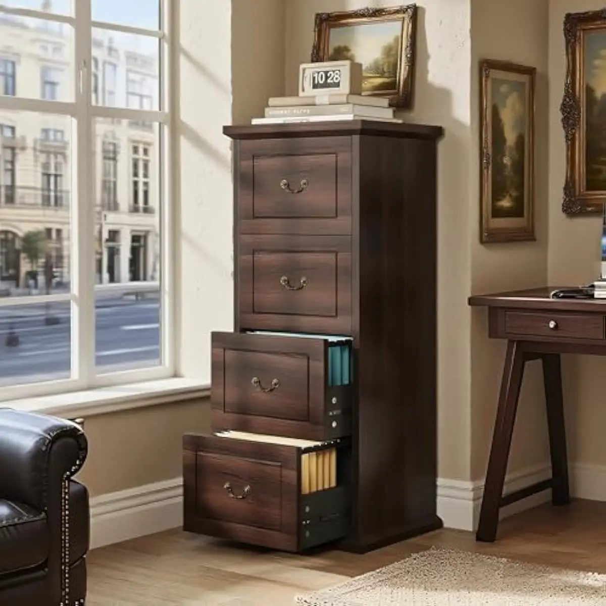 Four-Drawer Vertical Filing Cabinet for A4 Letter Legal Documents Featuring Walnut Wood Grain Finish Deep Drawers With Hanging R