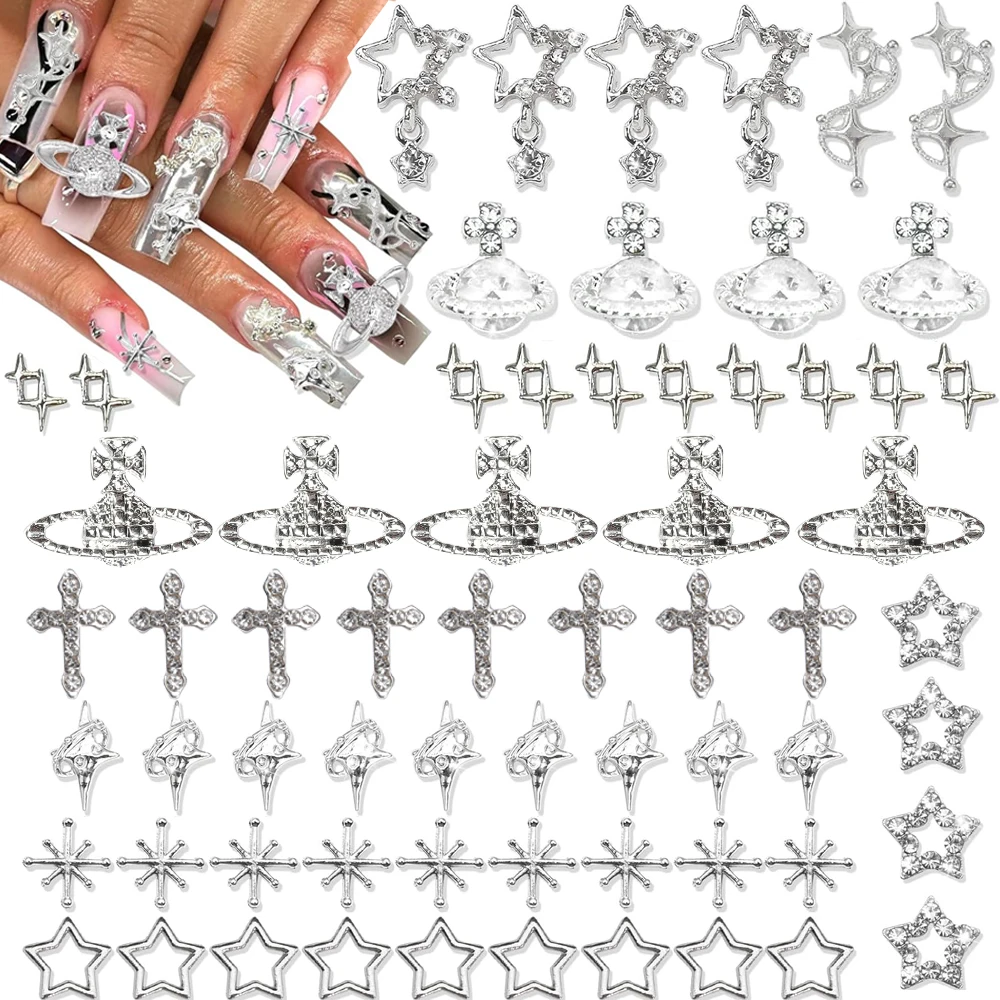 85PCS Cross Nail Charms Silver 3D Star Charms and Gems Saturn Planet Nail Art Jewelry Multi Style Nail Rhinestones for Nails