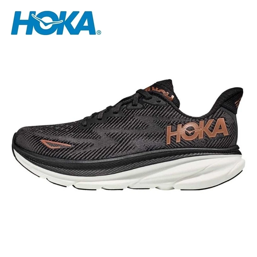 Hoka One One Clifton 9 حذاء رياضي للمشي باللون الأسود والنحاس والأبيض والركض حذاء رياضي كاجوال للنساء والرجال