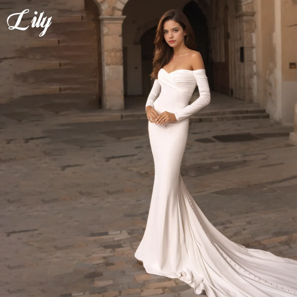 

Lily White Elegant Sleeveless Wedding Dresses V-Neck Backless Wedding Gown Satin Three-Quarter Sleeves Bridal Dress Customized