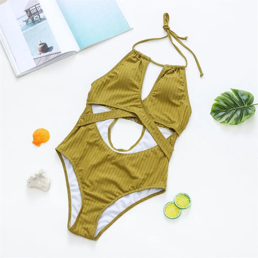 Costume da bagno Push-Up con scollo a barchetta Bikini a coste con scollo all'americana costume da bagno Push-Up costume intero da donna Beach Bathing Bikini abiti da vacanza