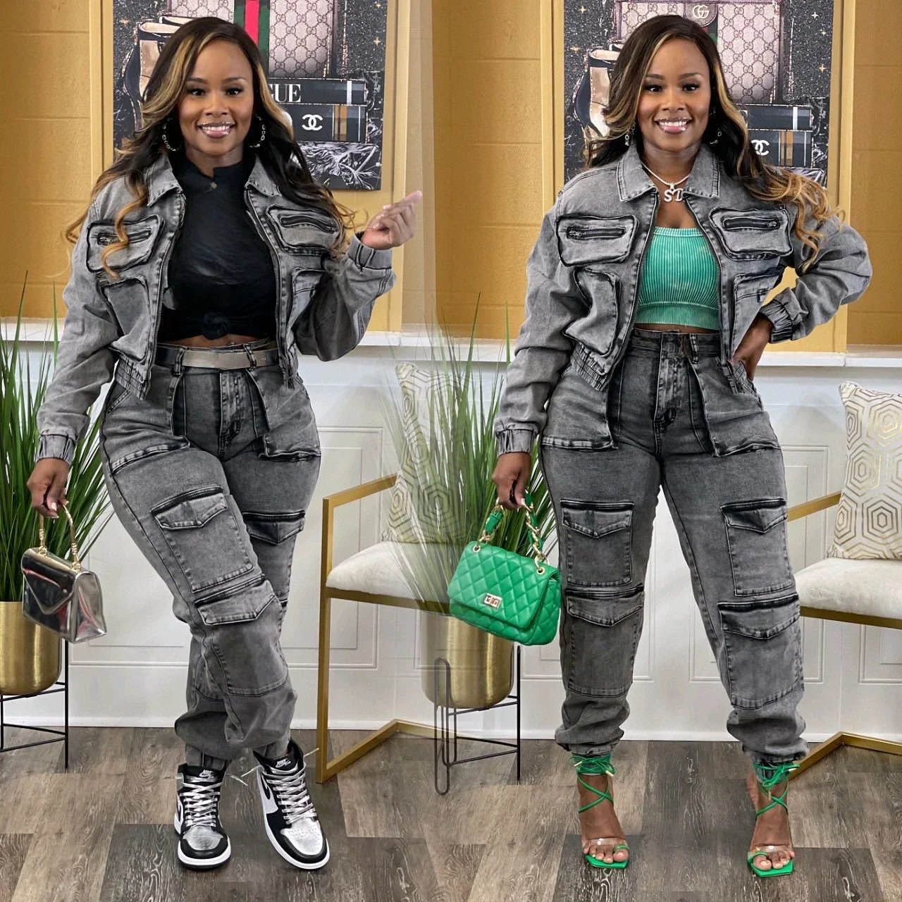 

Pant Sets Long Sleeve Women Tracksuit Zipper Denim Coat Cargo Ankle Length Pants Pockets High Street Spliced Slim 2025