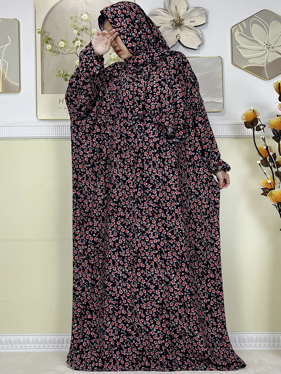 New Muslim Abayas For Women Ramadan Prayer Floral Loose Cotton Dubai Turkey Femme Robe African Traditional Dress Turban Attached