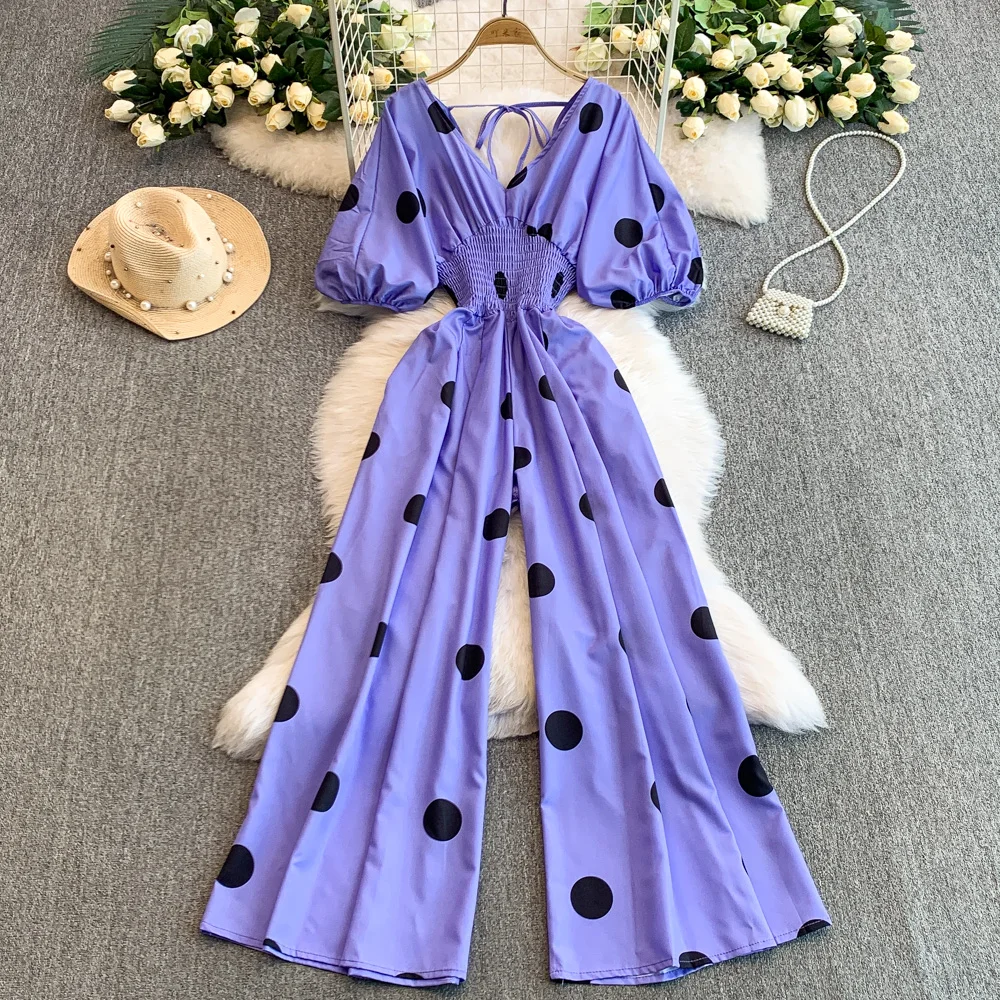 

Корейский комбинезон Sle V-Ne в горошек Bubble Sve, женские летние утягивающие широкие брюки с эластичной резинкой на талии, длинные брюки с высокой талией