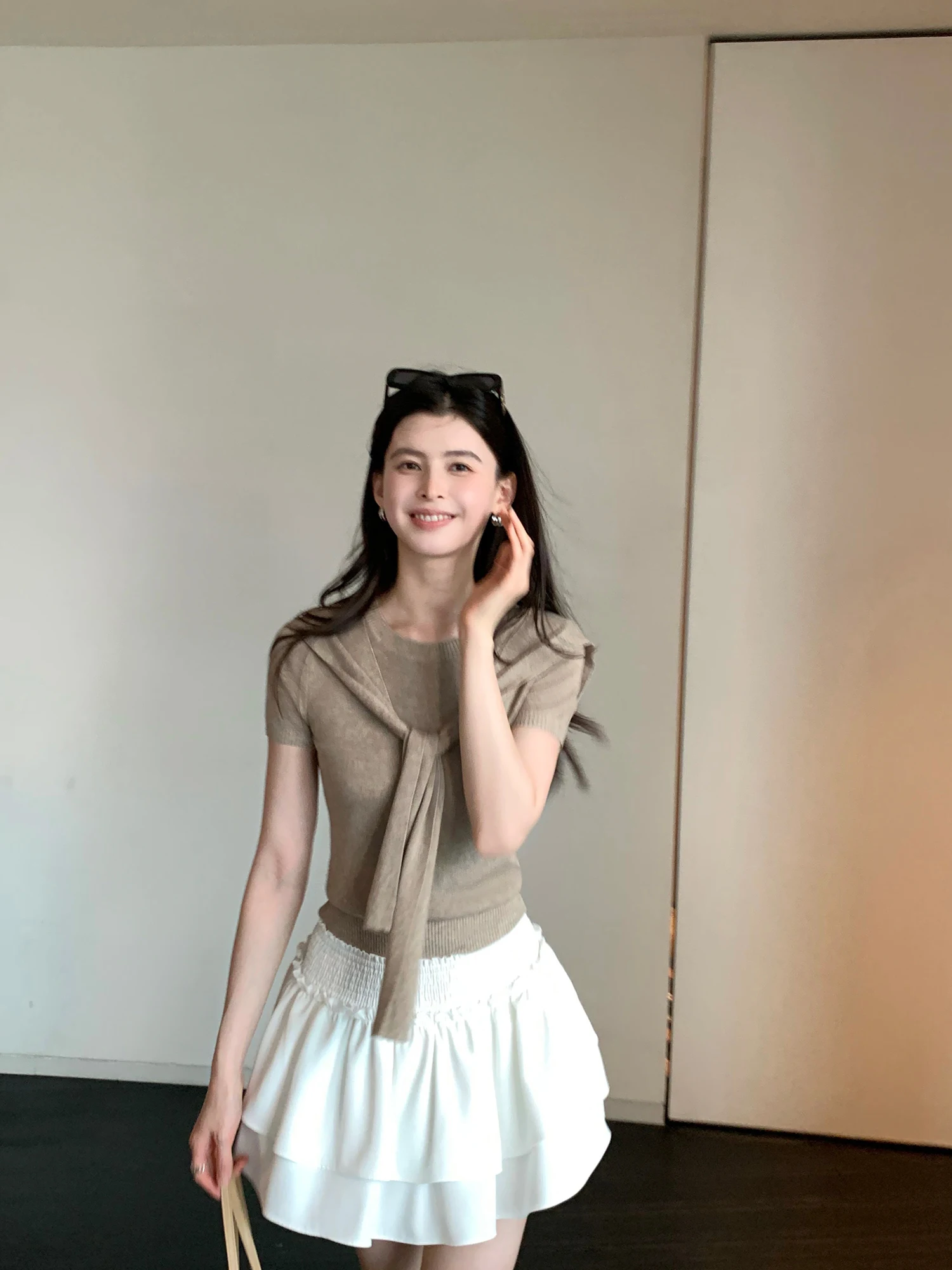 Pusumede Splice Aesthetic Casual round Neck Short Sleeve Knitted Shirt Women Commute Shoulder Shawl Fake Two-Piece Style
