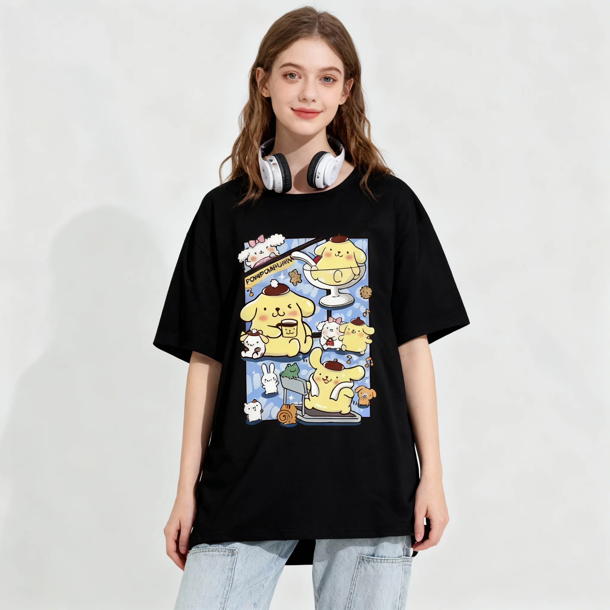 Новая американская спортивная одежда Sanrio Family Pudding Dog, милая крутая летняя футболка большого размера, женская и мужская спортивная одежда для взрослых