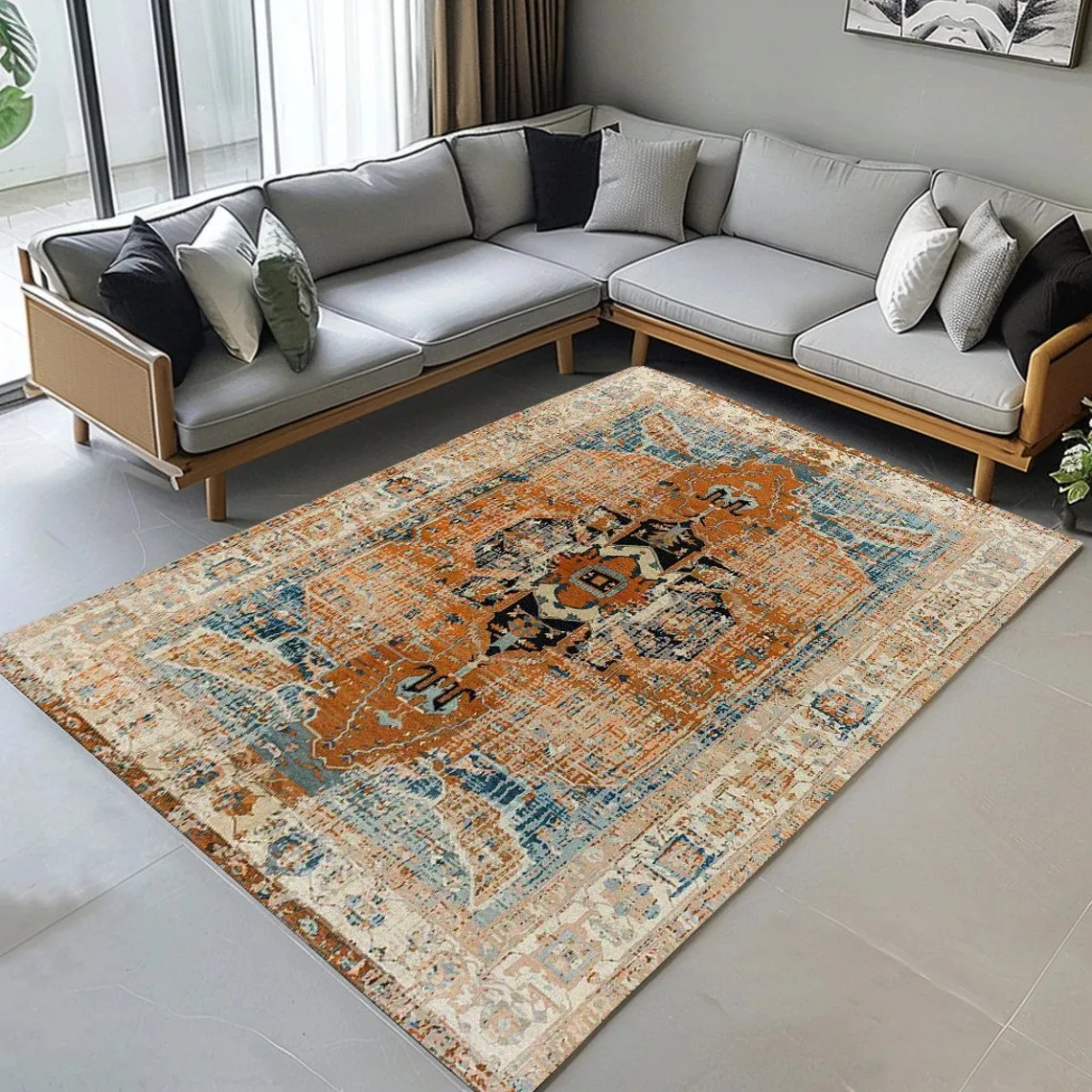 Boho Vintage Area Rug Washable Carpet Retro Moroccan Oriental Neutral Large Rug Nonslip Floor Mat for Living Room Bedroom Office