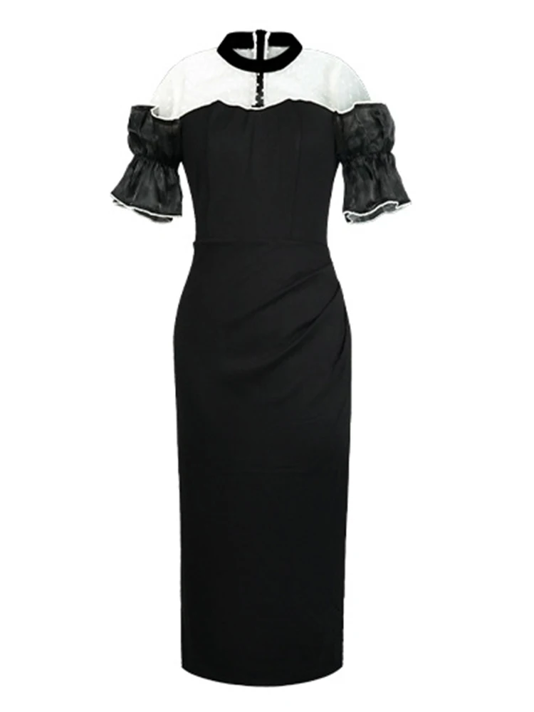 Women's Exquisite Sweet White Dresses Female Chic White Sheer Mesh Splice Black Vintage Midi Robe Evening Party Vestidos Mujer