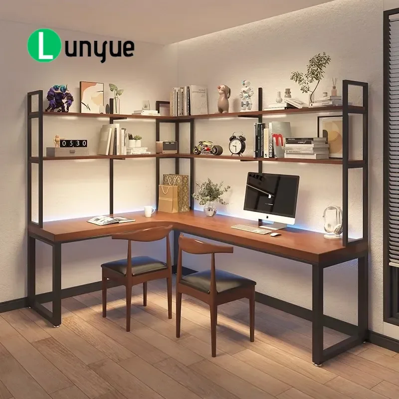 Corner solid wood desk double computer desktop table simple household L-shaped wall bookcase bookshelf integrated study table