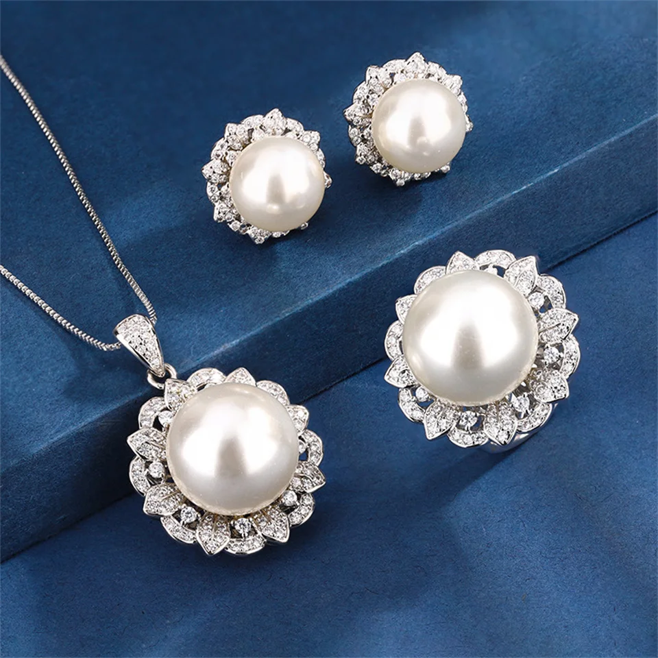 

White Pearl Fashion Round Jewelry Sets Luxury Stainless Steel Necklace Earring Ring Flowers Shaped Pearl Stainless Steel Jewelry