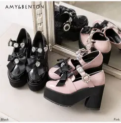 Lolita japonesa, zapatos Mary Jane con plataforma producida en masa, pajarita con corazón de amor y diamantes de imitación, zapatos de tacón rosas para niña y mujer