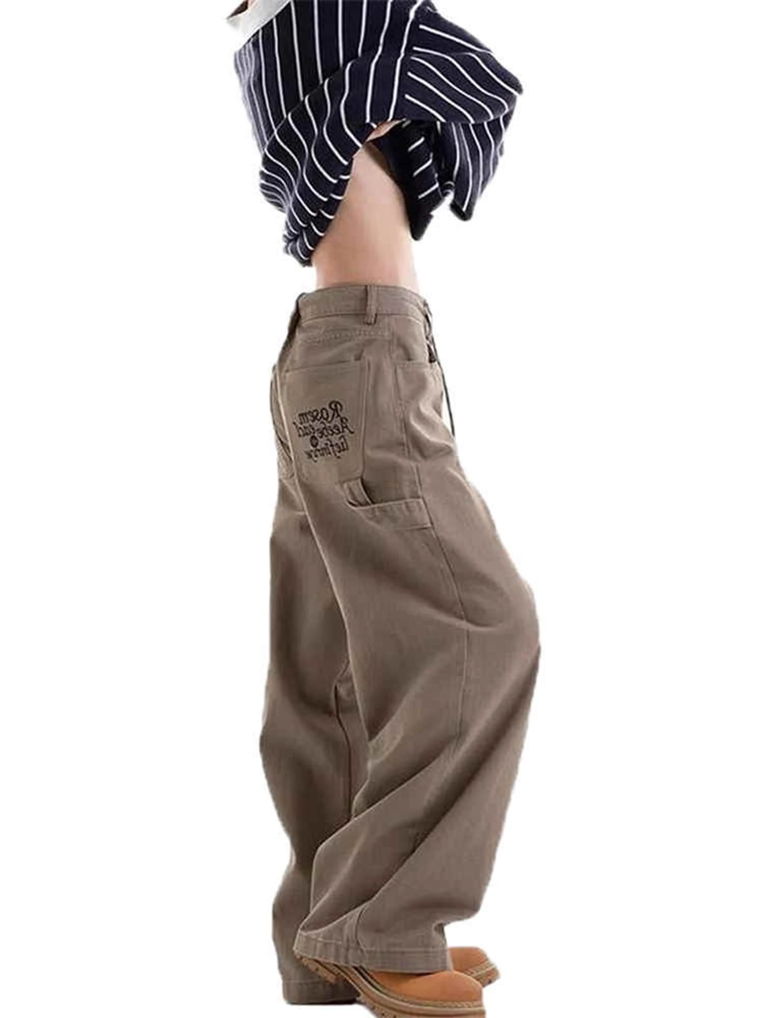 Women's Coffee Y2k Baggy Jeans Harajuku 90s Vintage Embroidery Denim Trousers Japanese 2000s Style Jeans Pants Oversize Clothes