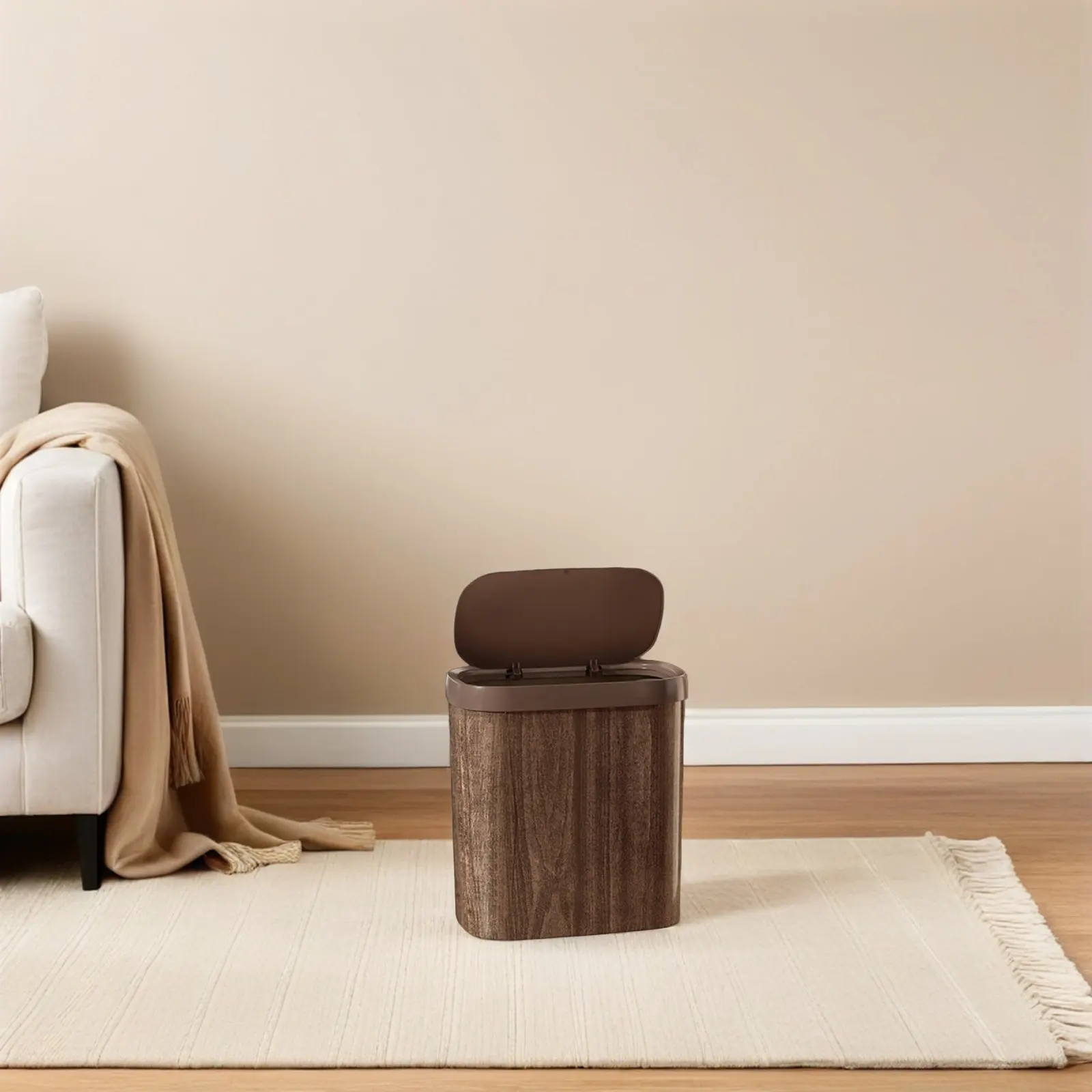 

Narrow Trash Can Lid Wood Grain Slim Wastebasket Garbage Container Bathroom Kitchen Bedroom Living Room Office Home Hotel Use