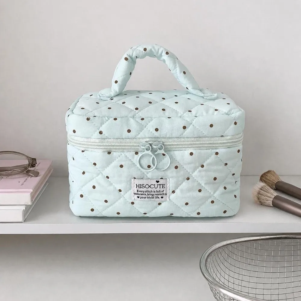 New Polka Dot Pattern Quilted Makeup Bag With Handle Large Capacity Travel Toiletry Organizer Multipurpose Storage Bag Women