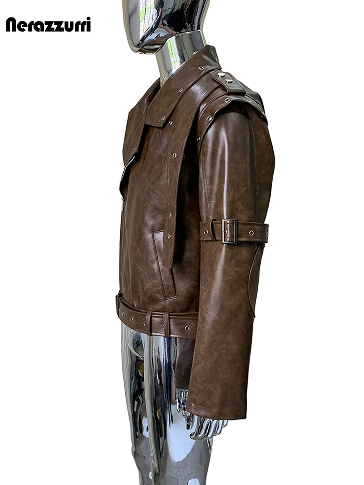 Nerazzurri Spring Autumn Short Shiny Pu Leather Motorcycle Jacket Men Luxury Designer American Vintage Punk Style Menswear 2026